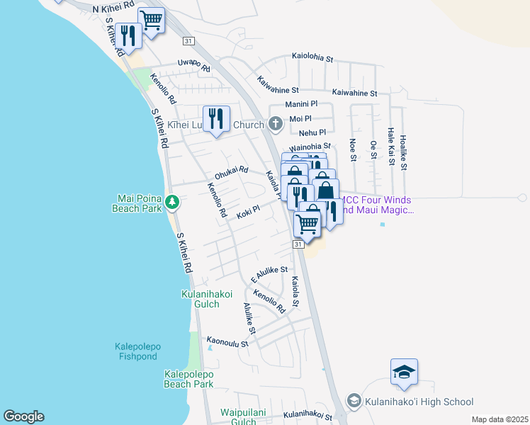 map of restaurants, bars, coffee shops, grocery stores, and more near 476 Kalalau Place in Kihei