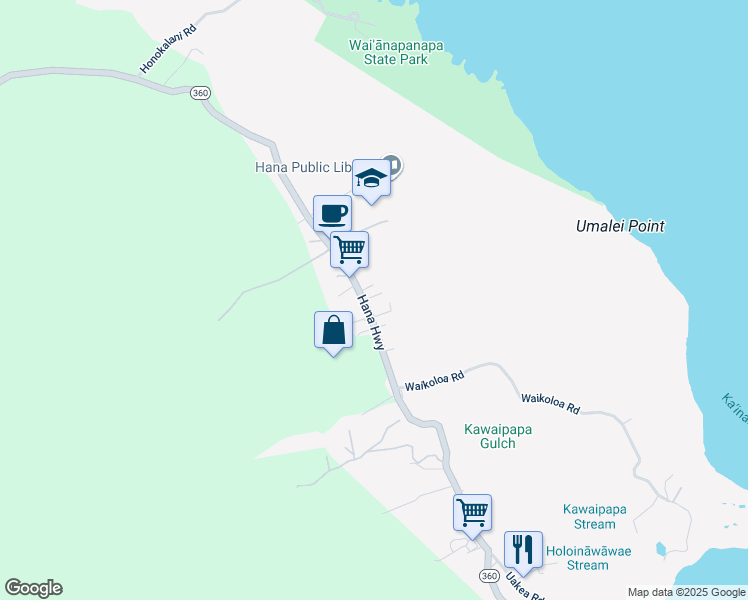 map of restaurants, bars, coffee shops, grocery stores, and more near 4205 Hana Highway in Hana