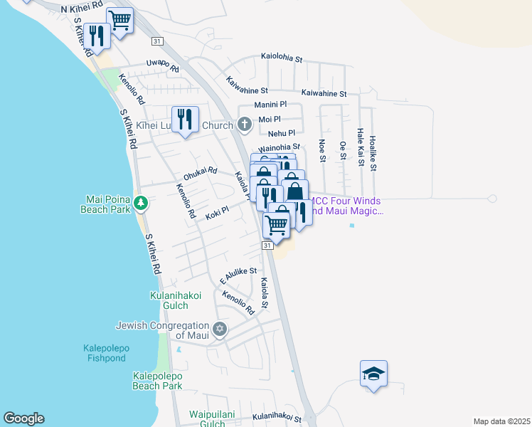 map of restaurants, bars, coffee shops, grocery stores, and more near 380 Huku Lii Place in Kihei