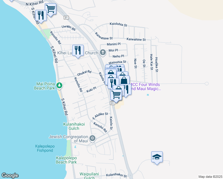 map of restaurants, bars, coffee shops, grocery stores, and more near 380 Huku Lii Place in Kihei