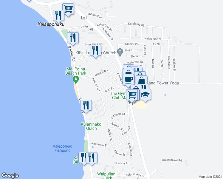 map of restaurants, bars, coffee shops, grocery stores, and more near 58 Koki Place in Kihei