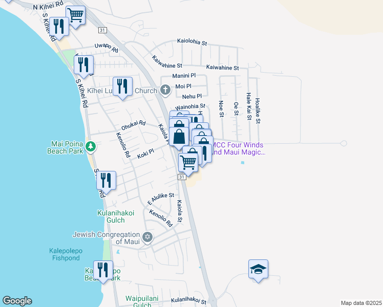 map of restaurants, bars, coffee shops, grocery stores, and more near 375 Huku Lii Place in Kihei