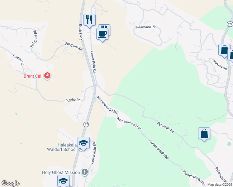 map of restaurants, bars, coffee shops, grocery stores, and more near 173 Pulehuiki Road in Kula