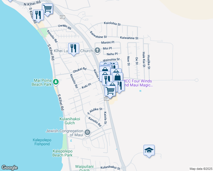map of restaurants, bars, coffee shops, grocery stores, and more near 380 Huku Lii Place in Kihei