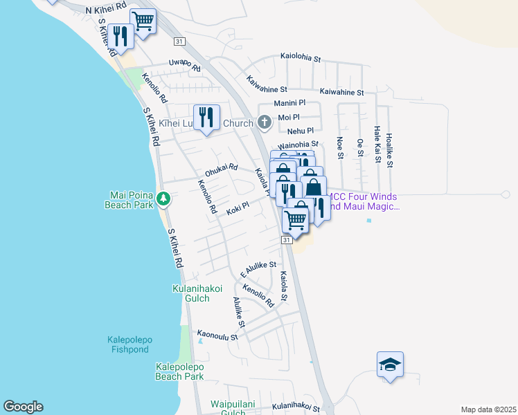 map of restaurants, bars, coffee shops, grocery stores, and more near 444 Kalalau Place in Kihei