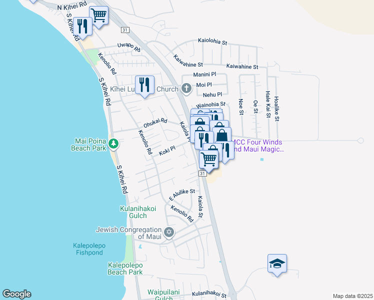 map of restaurants, bars, coffee shops, grocery stores, and more near 451 Kalalau Place in Kihei