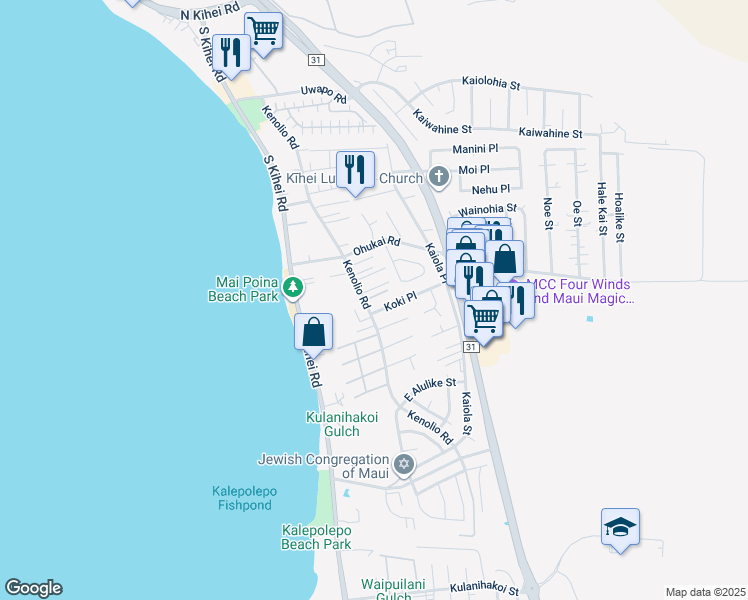 map of restaurants, bars, coffee shops, grocery stores, and more near 16 Ho'oiki Place in Kihei
