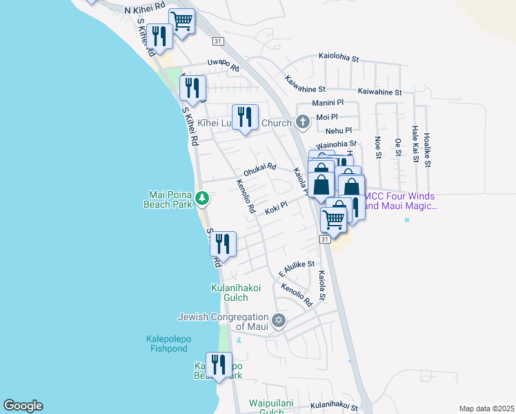 map of restaurants, bars, coffee shops, grocery stores, and more near 16 Ho'oiki Place in Kihei