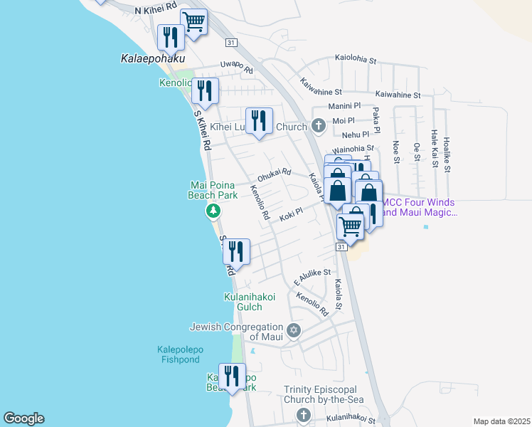 map of restaurants, bars, coffee shops, grocery stores, and more near Kenolio Road in Kihei