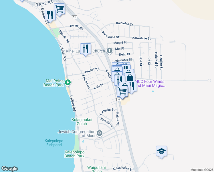 map of restaurants, bars, coffee shops, grocery stores, and more near 444 Kalalau Place in Kihei