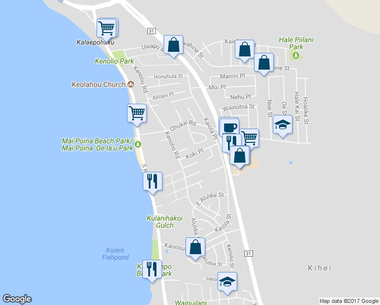 map of restaurants, bars, coffee shops, grocery stores, and more near 37 Koki Place in Kihei