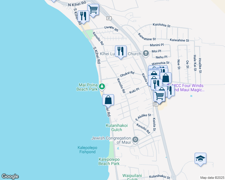map of restaurants, bars, coffee shops, grocery stores, and more near 22 Kai Makani Loop in Kihei