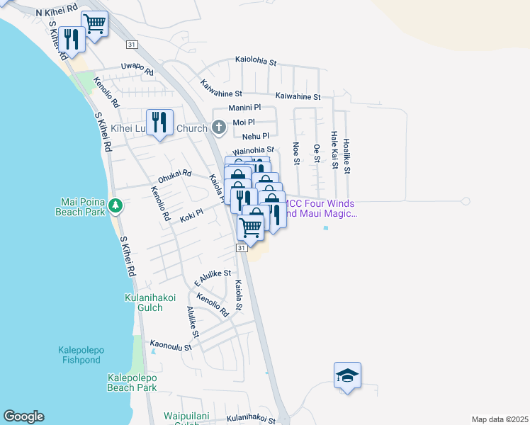 map of restaurants, bars, coffee shops, grocery stores, and more near 320 Ohukai Road in Kihei