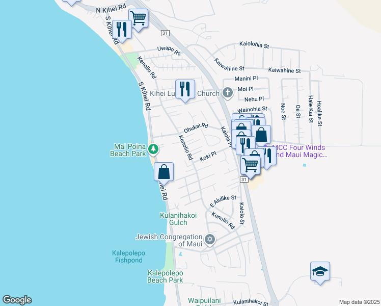 map of restaurants, bars, coffee shops, grocery stores, and more near 11 Ho'oiki Place in Kihei