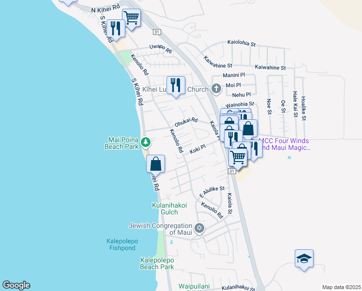 map of restaurants, bars, coffee shops, grocery stores, and more near 11 Ho'oiki Place in Kihei