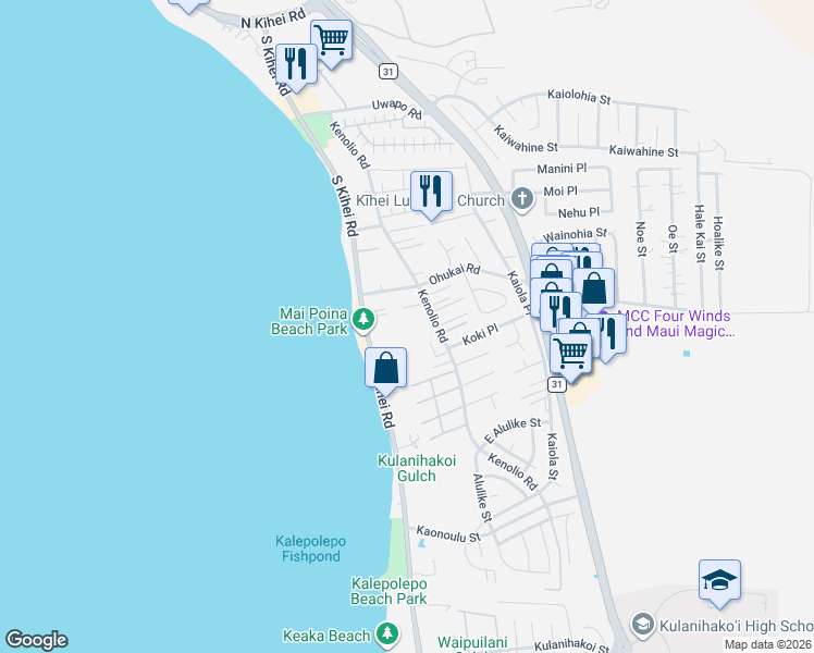map of restaurants, bars, coffee shops, grocery stores, and more near 41 Kai Makani Loop in Kihei