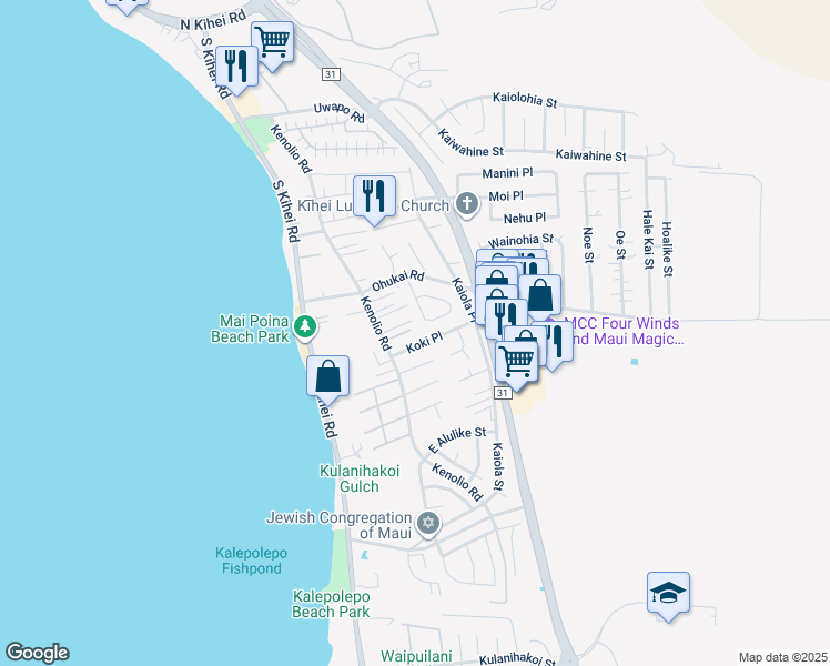 map of restaurants, bars, coffee shops, grocery stores, and more near 32 Ho'oiki Place in Kihei