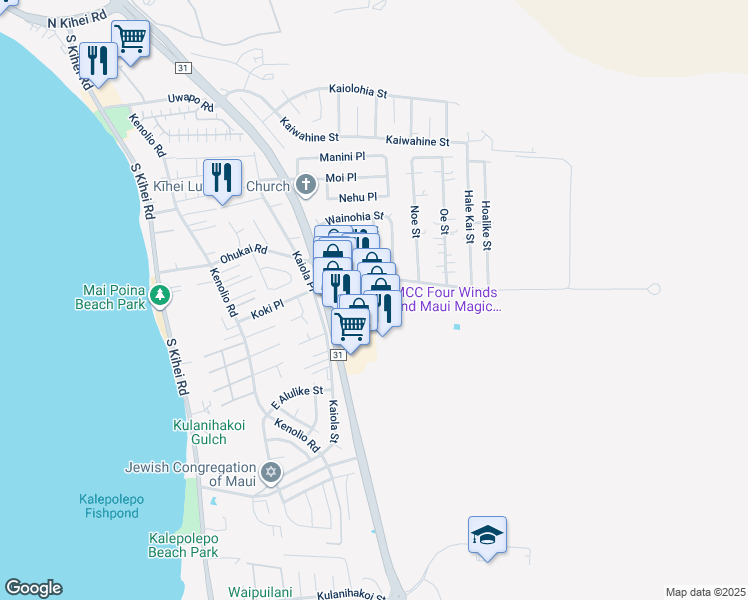 map of restaurants, bars, coffee shops, grocery stores, and more near 320 Ohukai Road in Kihei