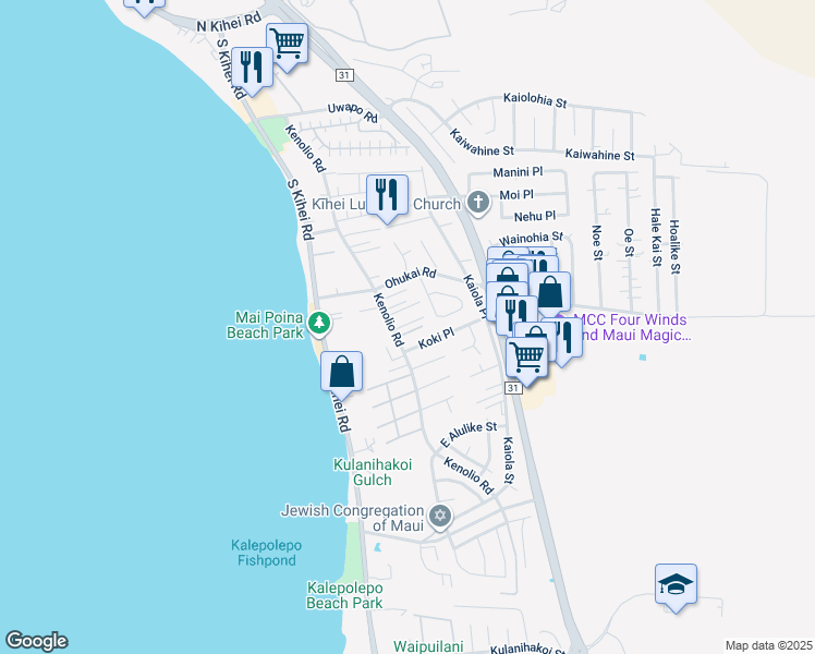 map of restaurants, bars, coffee shops, grocery stores, and more near 37 Koki Place in Kihei