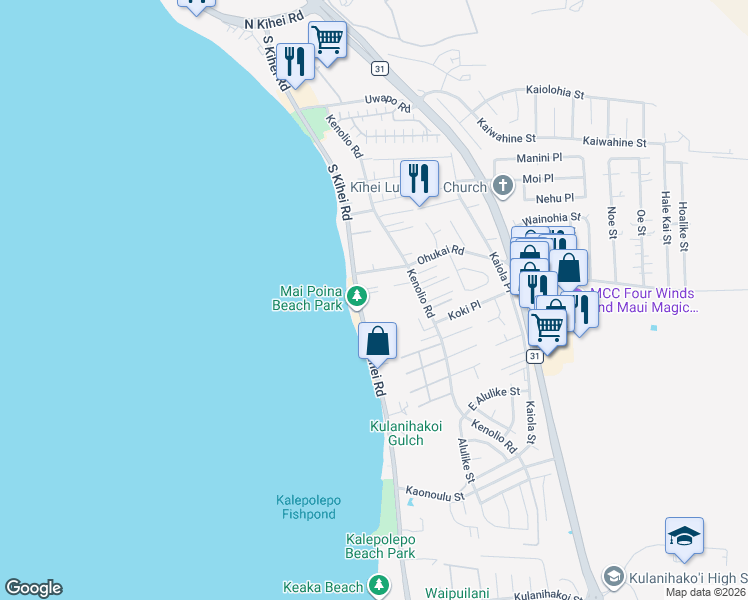map of restaurants, bars, coffee shops, grocery stores, and more near 12 Kai Makani Loop in Kihei