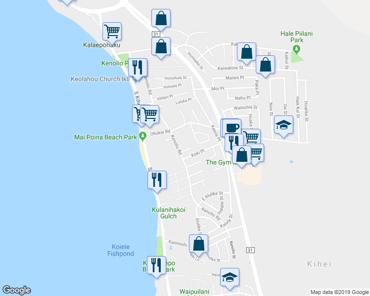 map of restaurants, bars, coffee shops, grocery stores, and more near 19 Ho'oiki Place in Kihei