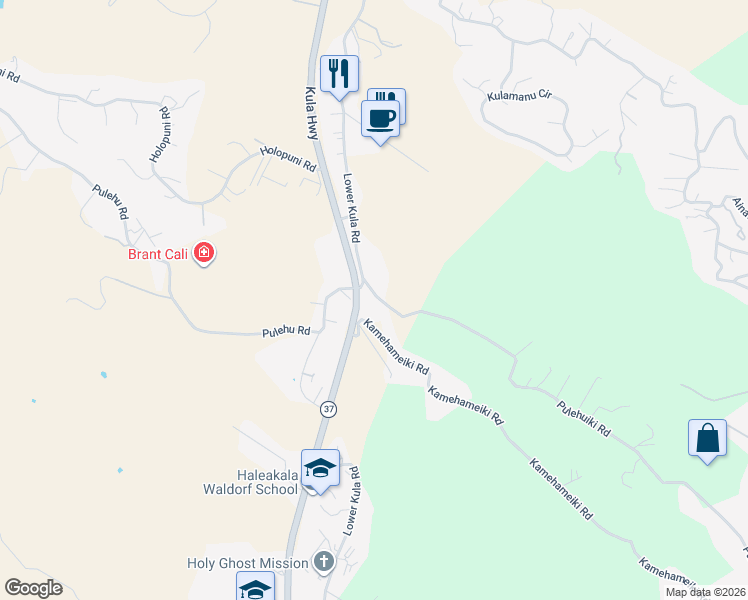 map of restaurants, bars, coffee shops, grocery stores, and more near 40 Pulehuiki Road in Kula
