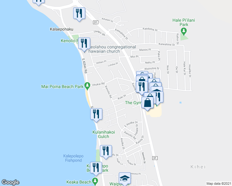 map of restaurants, bars, coffee shops, grocery stores, and more near 27 Ho'oiki Place in Kihei