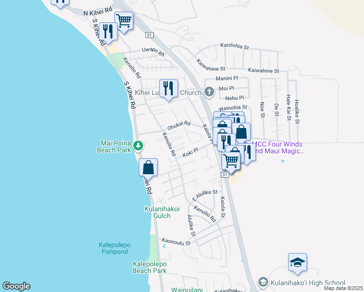 map of restaurants, bars, coffee shops, grocery stores, and more near 27 Ho'oiki Place in Kihei