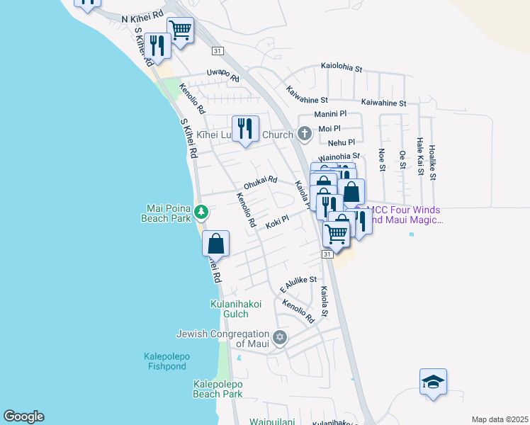 map of restaurants, bars, coffee shops, grocery stores, and more near 27 Ho'oiki Place in Kihei