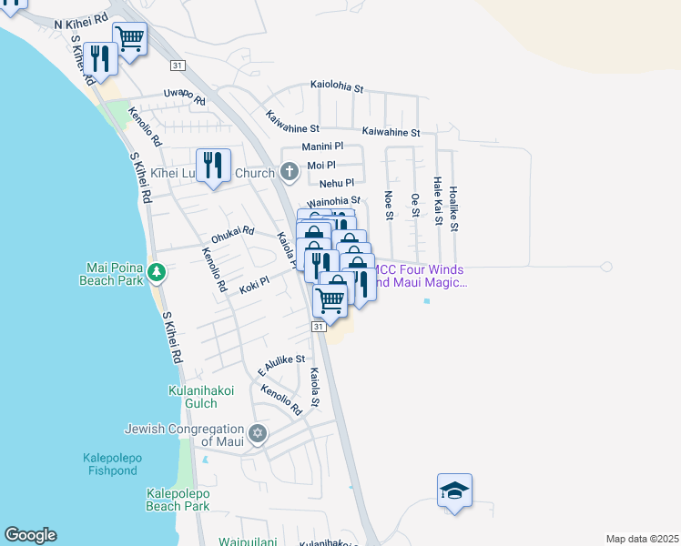 map of restaurants, bars, coffee shops, grocery stores, and more near 411 Huku Lii Place in Kihei