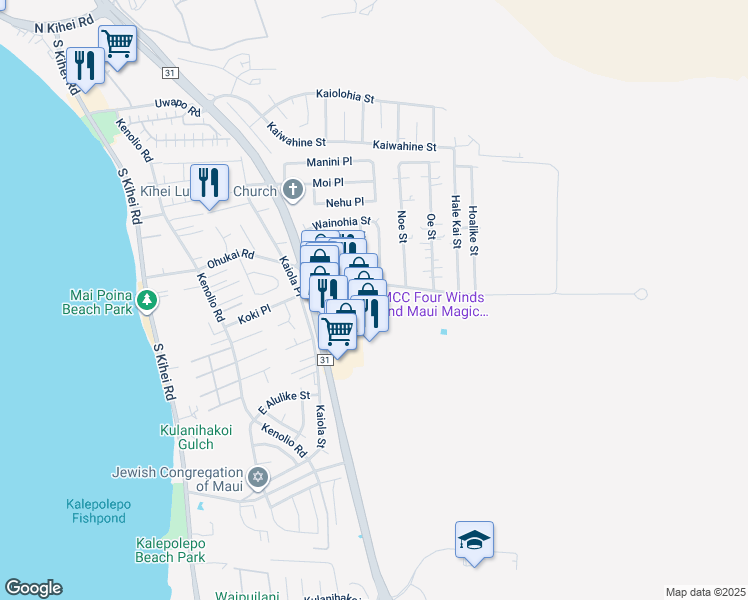 map of restaurants, bars, coffee shops, grocery stores, and more near 340 Ohukai Road in Kihei