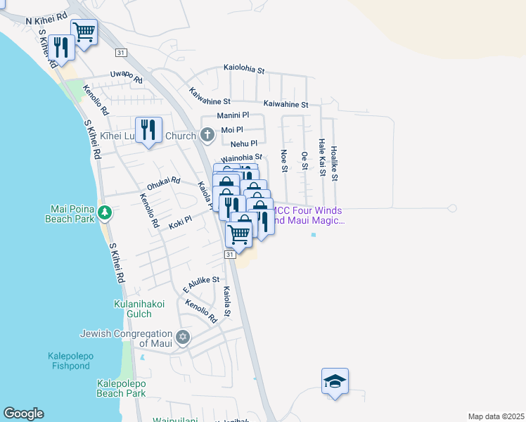 map of restaurants, bars, coffee shops, grocery stores, and more near 340 Ohukai Road in Kihei