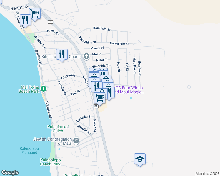 map of restaurants, bars, coffee shops, grocery stores, and more near 340 Ohukai Road in Kihei