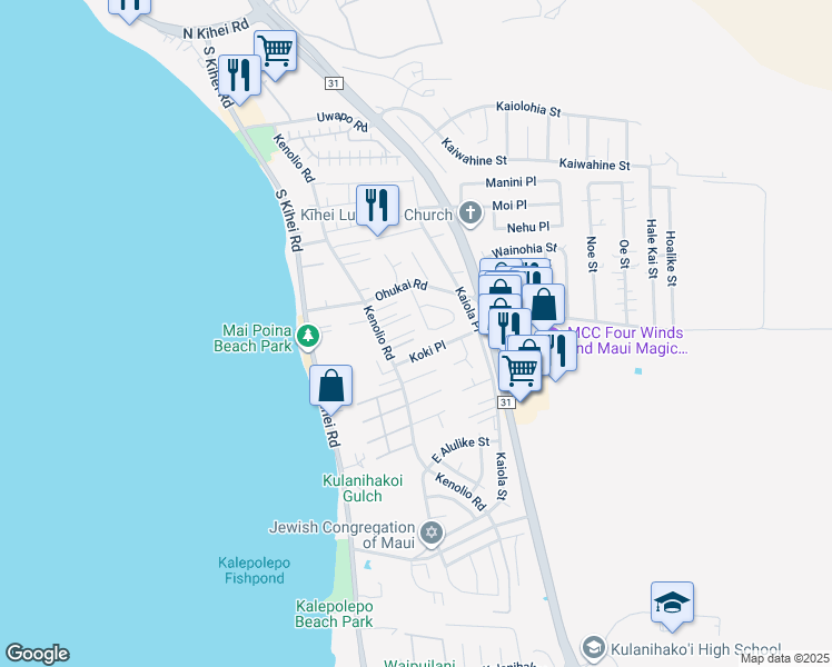map of restaurants, bars, coffee shops, grocery stores, and more near 31 Ho'oiki Place in Kihei
