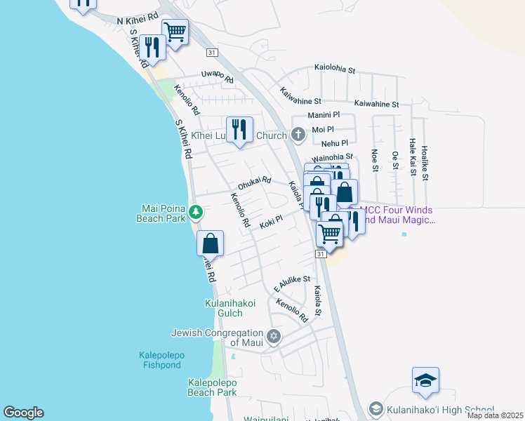 map of restaurants, bars, coffee shops, grocery stores, and more near 31 Ho'oiki Place in Kihei