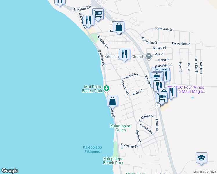 map of restaurants, bars, coffee shops, grocery stores, and more near 357 South Kihei Road in Kihei