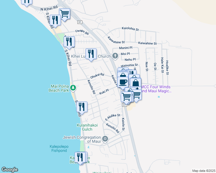 map of restaurants, bars, coffee shops, grocery stores, and more near 388 Kinaole Circle in Kihei