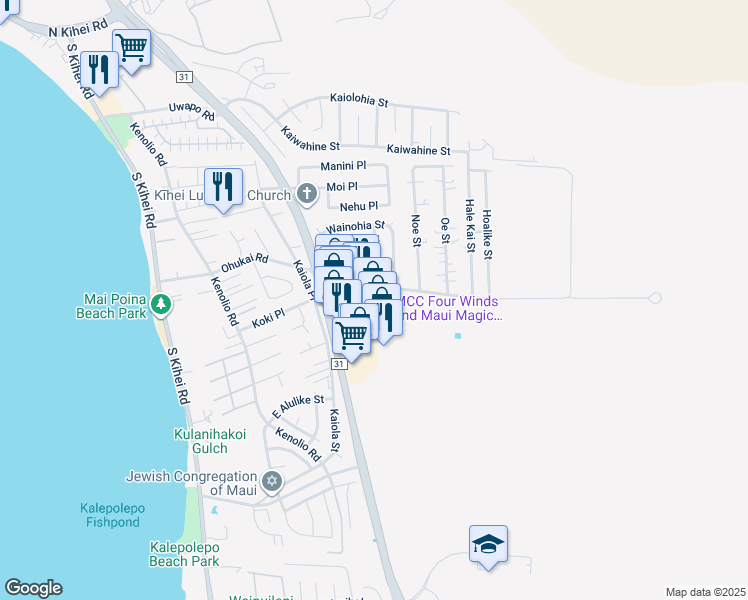 map of restaurants, bars, coffee shops, grocery stores, and more near 310 Ohukai Road in Kihei