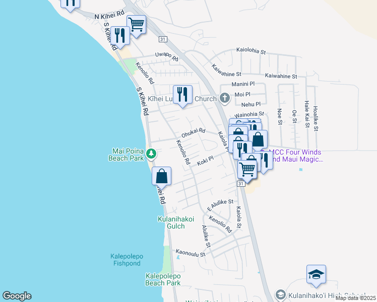 map of restaurants, bars, coffee shops, grocery stores, and more near 385 Kenolio Road in Kihei
