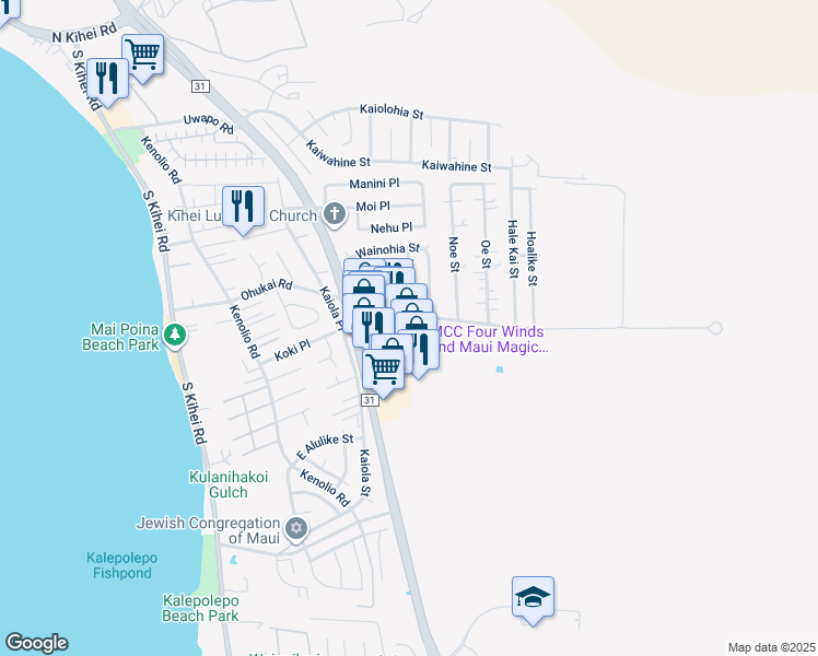 map of restaurants, bars, coffee shops, grocery stores, and more near 310 Ohukai Road in Kihei