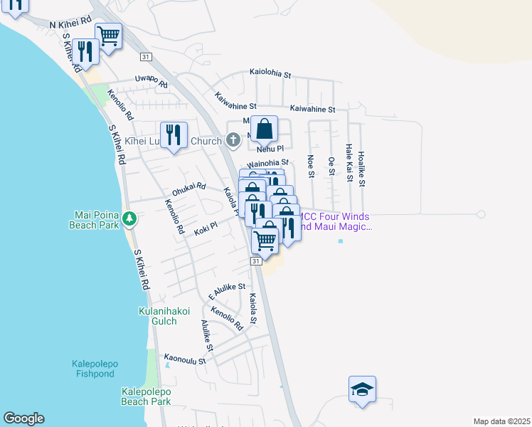 map of restaurants, bars, coffee shops, grocery stores, and more near 357 Huku Lii Place in Kihei