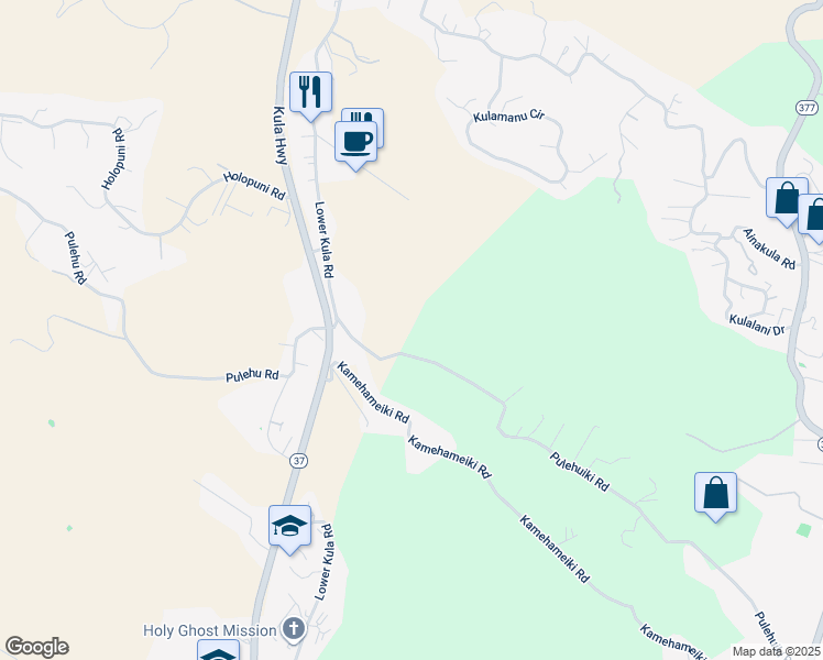 map of restaurants, bars, coffee shops, grocery stores, and more near 171 Pulehuiki Road in Kula