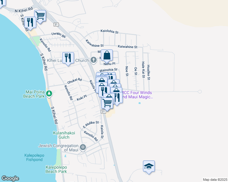 map of restaurants, bars, coffee shops, grocery stores, and more near 330 Ohukai Road in Kihei