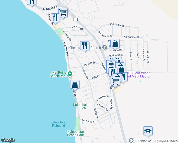 map of restaurants, bars, coffee shops, grocery stores, and more near 385 Kenolio Road in Kihei
