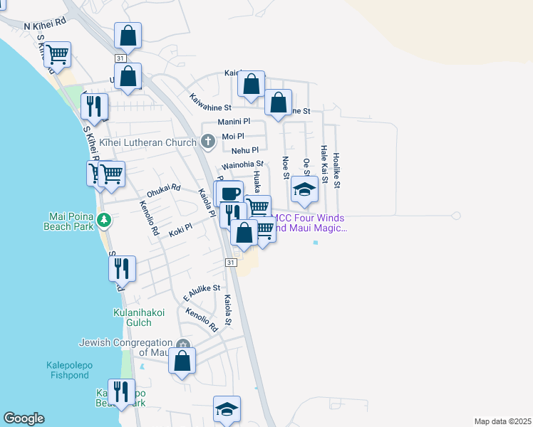 map of restaurants, bars, coffee shops, grocery stores, and more near 340 Ohukai Road in Kihei