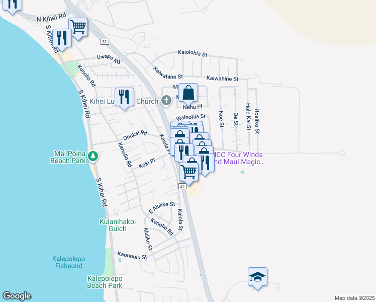 map of restaurants, bars, coffee shops, grocery stores, and more near 357 Huku Lii Place in Kihei
