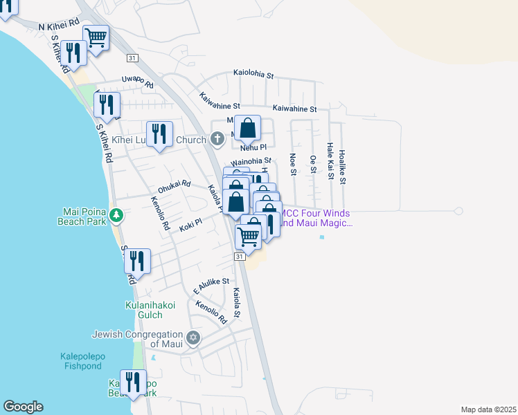 map of restaurants, bars, coffee shops, grocery stores, and more near 411 Huku Lii Place in Kihei