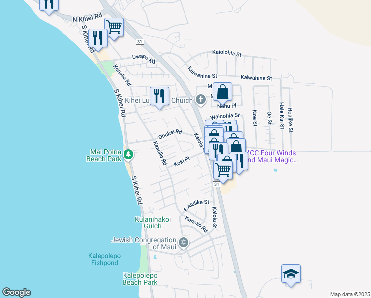 map of restaurants, bars, coffee shops, grocery stores, and more near 383 Kinaole Circle in Kihei