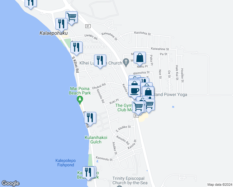 map of restaurants, bars, coffee shops, grocery stores, and more near 383 Kinaole Circle in Kihei
