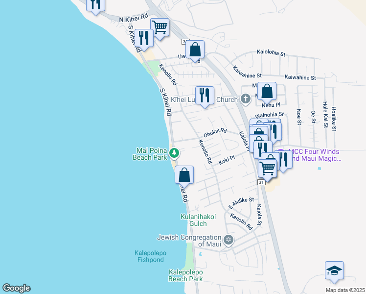 map of restaurants, bars, coffee shops, grocery stores, and more near 353 South Kihei Road in Kihei